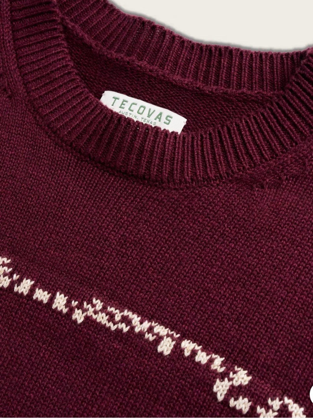 Tecovas Burgundy Crewneck Sweater with Cream Southwestern Accents - Picture 6 of 9